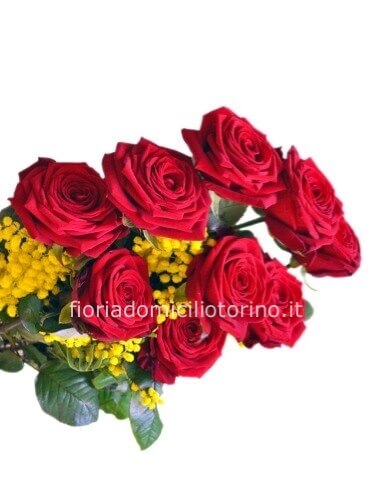 Mazzo di n.3 rose rosse a gambo lungo, con mimosa