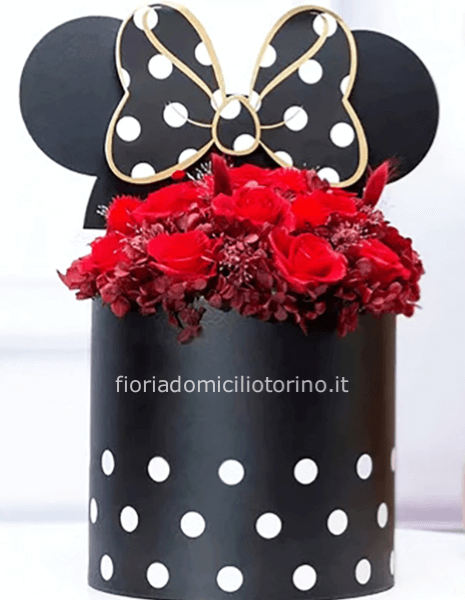 Flower Box Minnie con rose rosse e altri fiori di stagione. Disponibilie in Nero e in Rosso