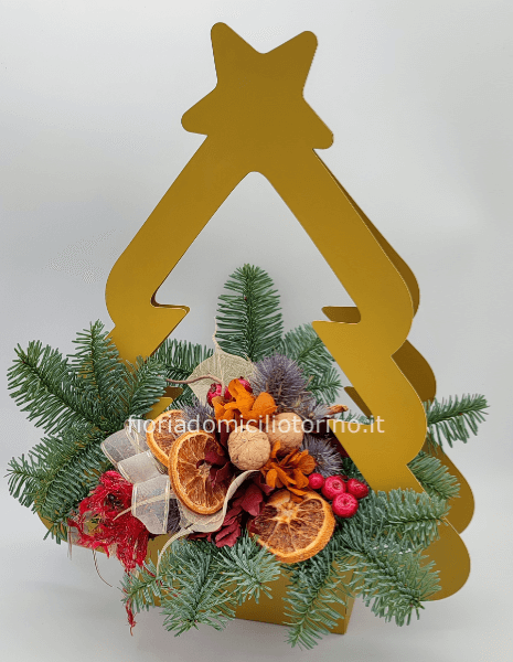 Flowerbox a forma di albero di Natale, con pino ed elementi decorativi natalizi. COLORE ORO