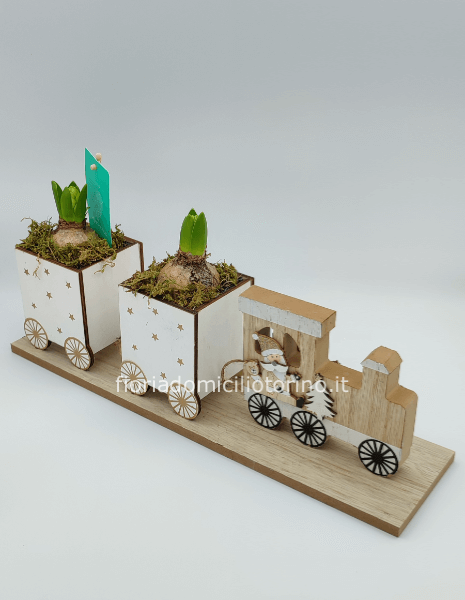 Centrotavola Natalizio rotondo con base in legno e giacinti.