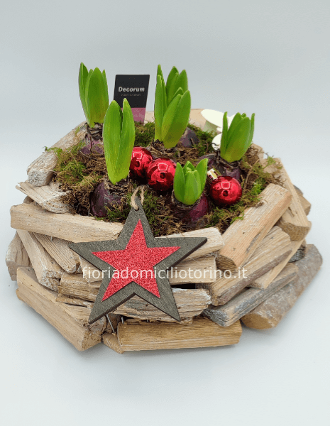 Centrotavola Natalizio rotondo con base in legno e giacinti.