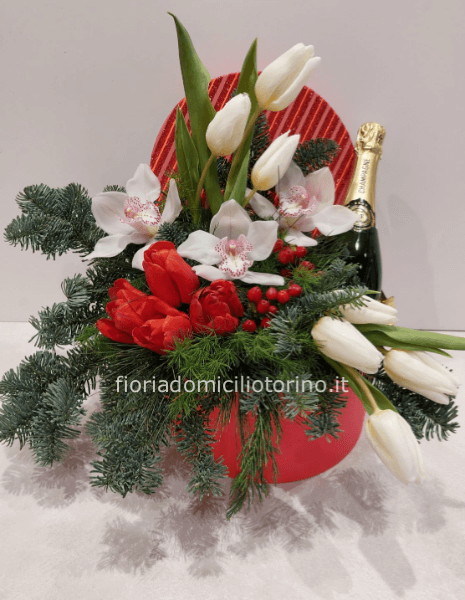 Elegante Flower Box per le festività di fine anno con bottiglia di Champagne compresa.