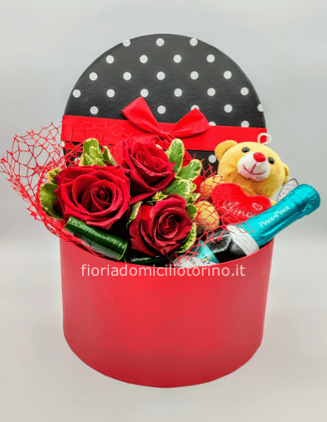 FlowerBox San Valentino con prosecco e peluche.
