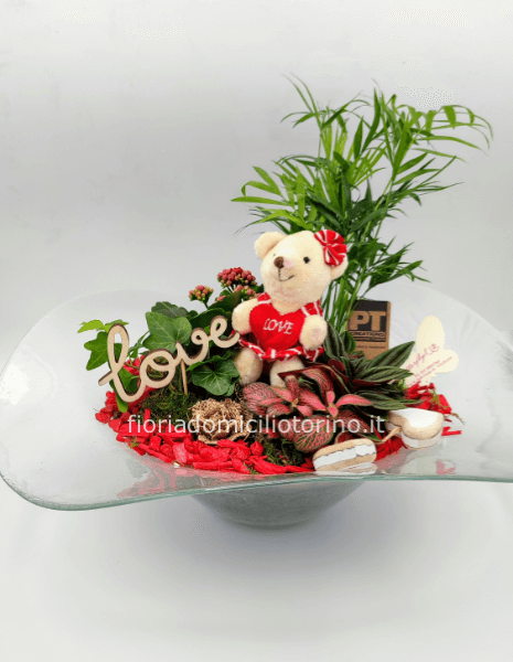 Cappello di vetro con piante e peluches